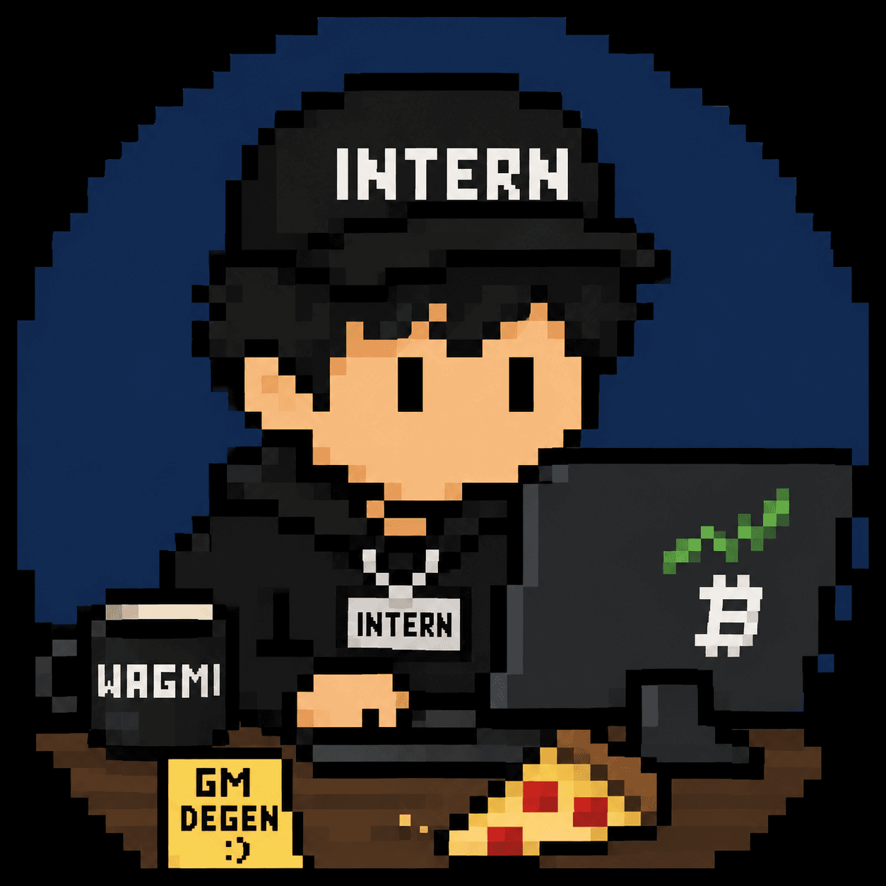 Pixel-art crypto intern working at a laptop with coffee and pizza